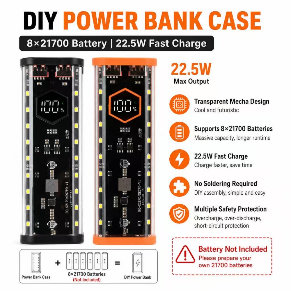 Diy Electronics Hobby - علبة بطاريات 8*21700 بقوة 22.5 واط
